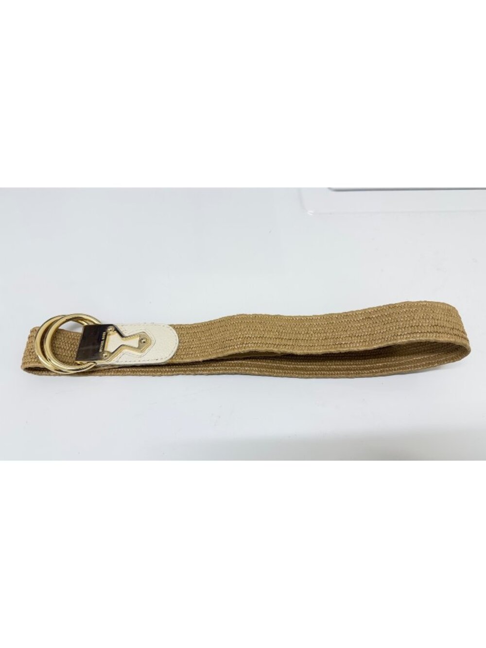Michael Kors Tan Woven Belt with Gold Double Ring Buckle – L/XL